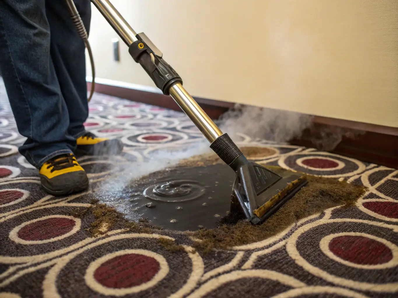 Close-up of a professional steam cleaner working on a plush carpet in a living room, demonstrating the carpet cleaning service.