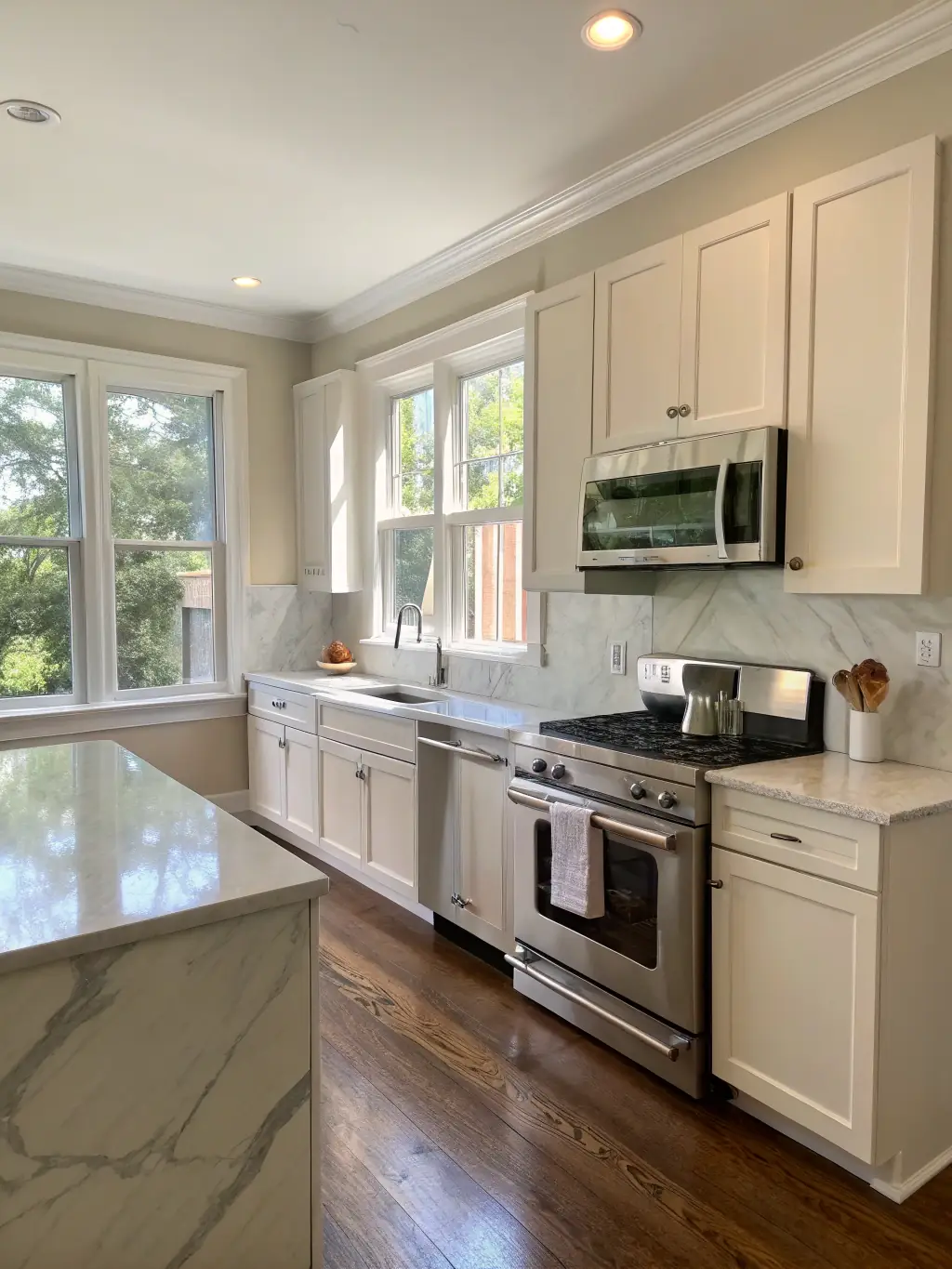 A sparkling clean kitchen after a deep cleaning session, with a focus on sanitized countertops and appliances, performed by Zahariyazahariev Building Cleaning.