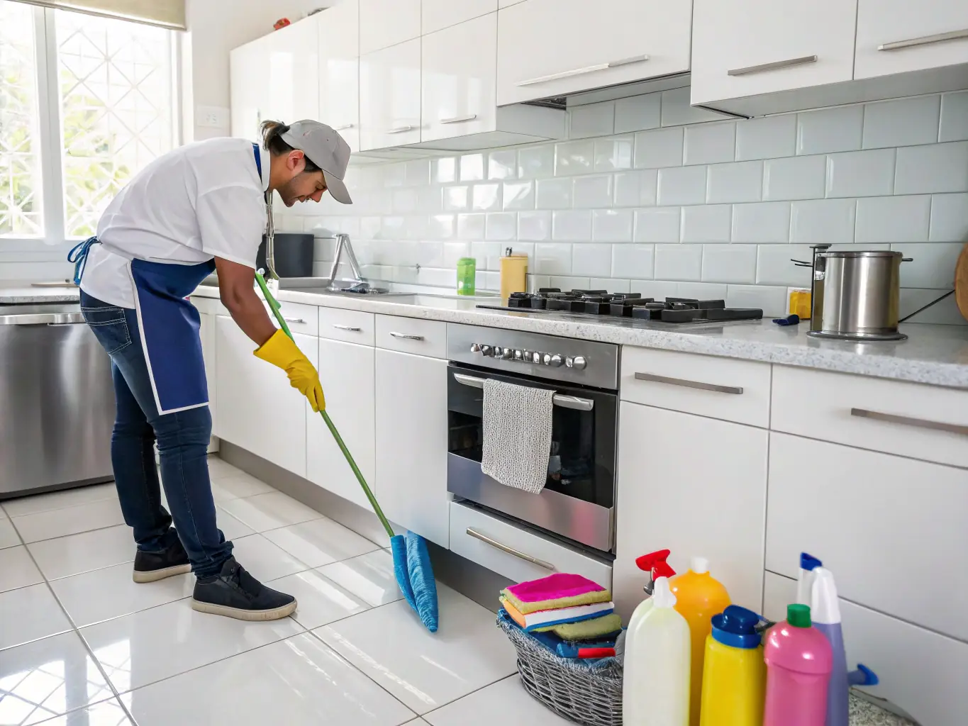 A team of cleaners scrubbing and disinfecting a residential kitchen with professional equipment, highlighting the deep cleaning service.
