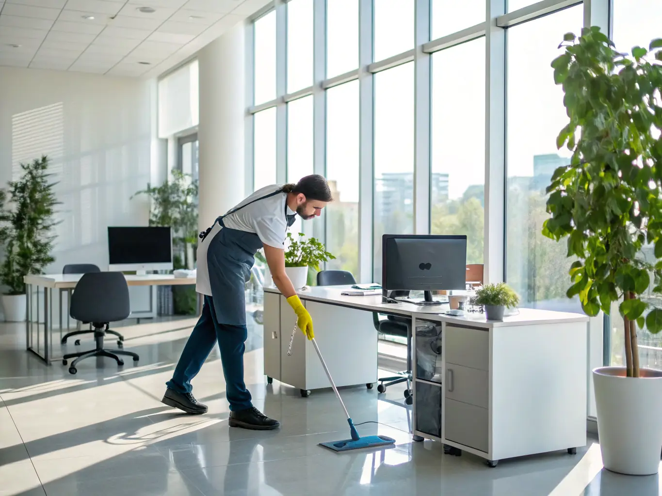 A professional cleaner vacuuming a modern office space with eco-friendly cleaning supplies, showcasing regular maintenance cleaning services.