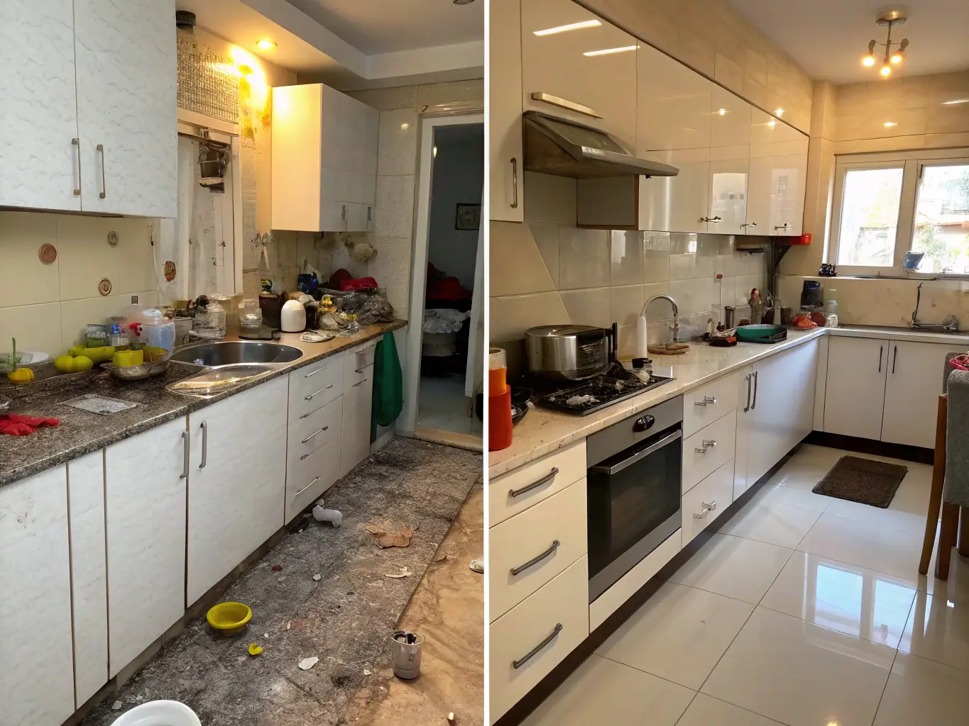 A before-and-after shot of a visibly cleaner and brighter kitchen after a deep cleaning service, highlighting the thoroughness of the cleaning.