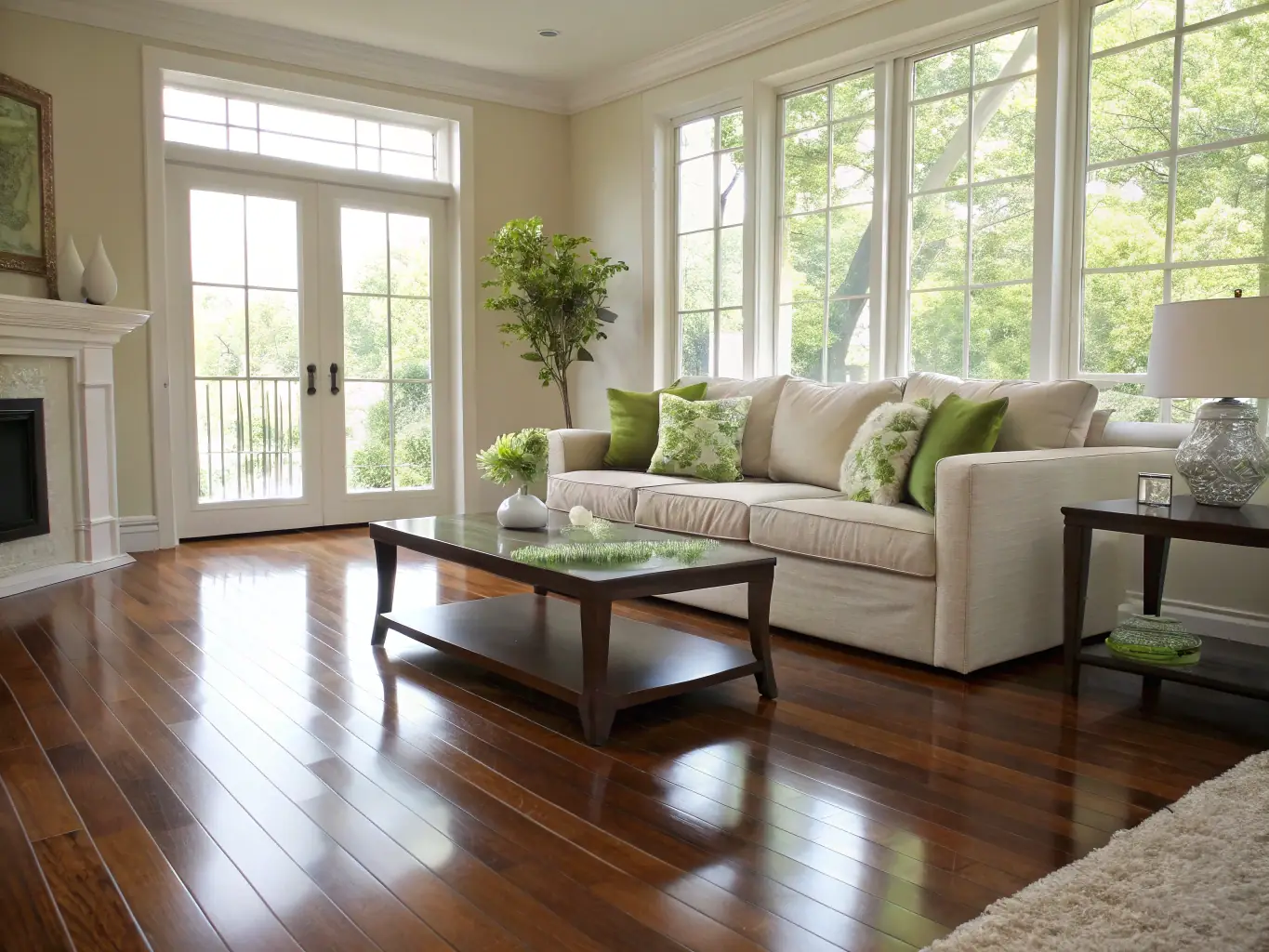 A clean and tidy living room with sunlight streaming through spotless windows, showcasing the benefits of regular maintenance cleaning.